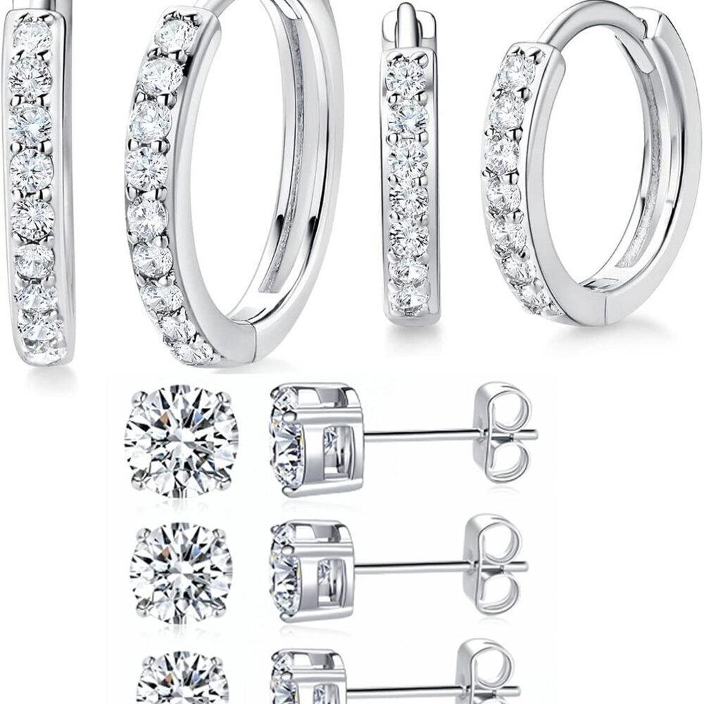 14K White Gold Plated Cubic Zirconia Hoop & Stud Earrings Set for Women, Pack of